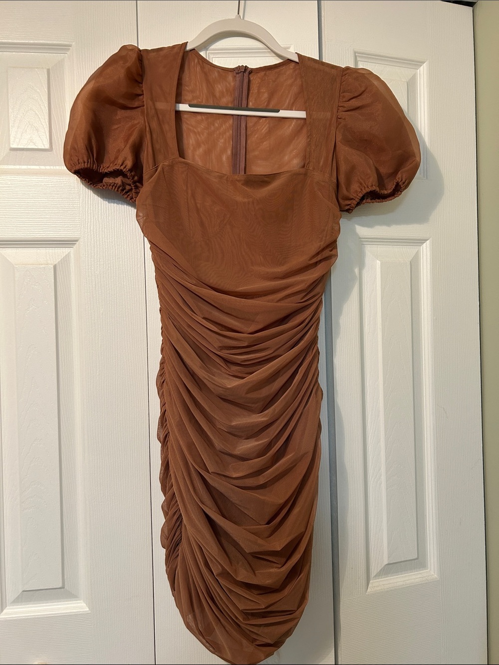 Missguided Ruched Puff-Sleeve Midi Dress in Burnt Brown